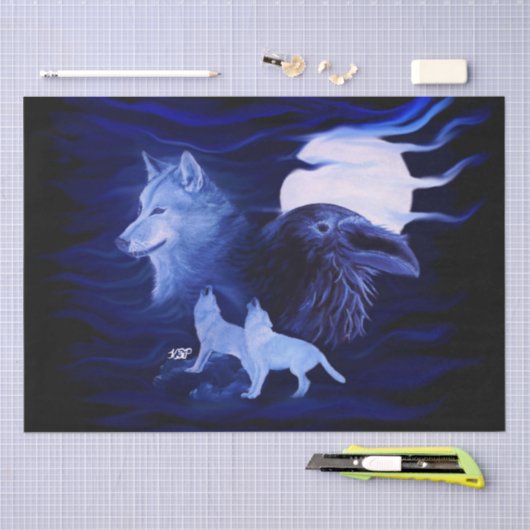 Wolven en Raven met volle maan Tissuepapier (Craft)