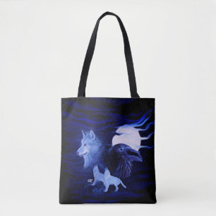 Wolven en Raven met volle maan Tote Bag