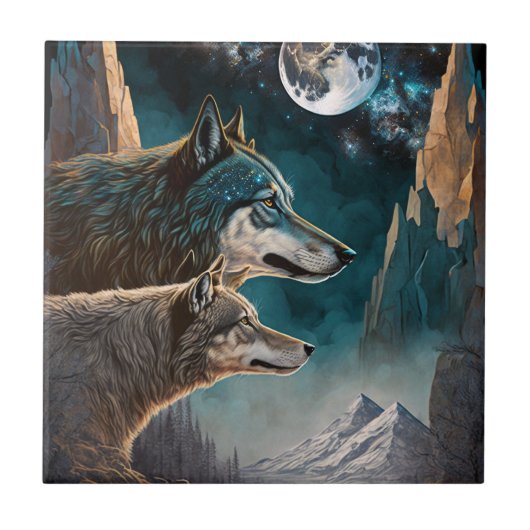 Wolven Full Moon Fantasy Landscape Tegeltje (Voorkant)