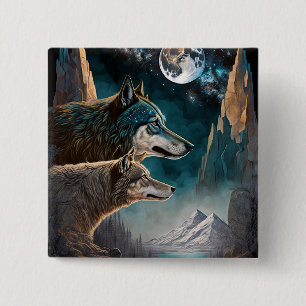 Wolven Full Moon Fantasy Landscape Vierkante Button 5,1 Cm