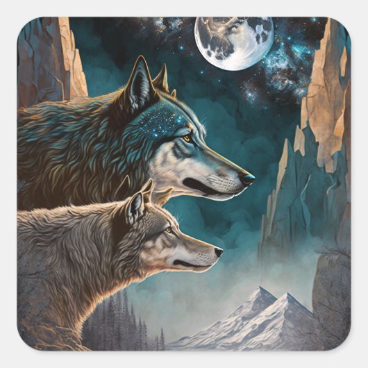 Wolven Full Moon Fantasy Landscape Vierkante Sticker (Voorkant)