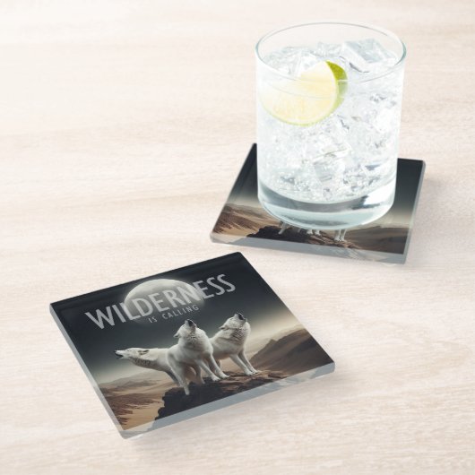 Wolven huilen bij Volle Maan Wildernis roept Glazen Onderzetter (Schuin)