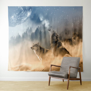 Wolven huilen naar de maan / Mooie wolven Wandkleed