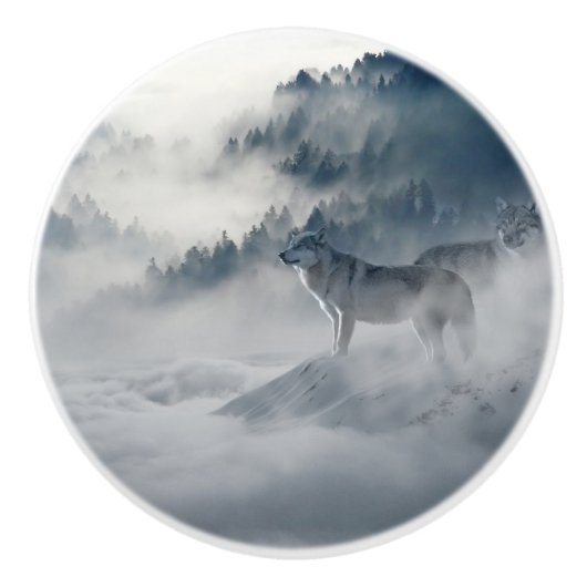 Wolven in een winterlandschap keramische knop (Voorkant)