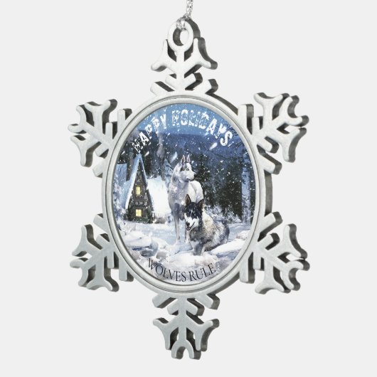 Wolven in Fairytale Snowy Winter Night Scene Tin Sneeuwvlok Ornament (Rechts)