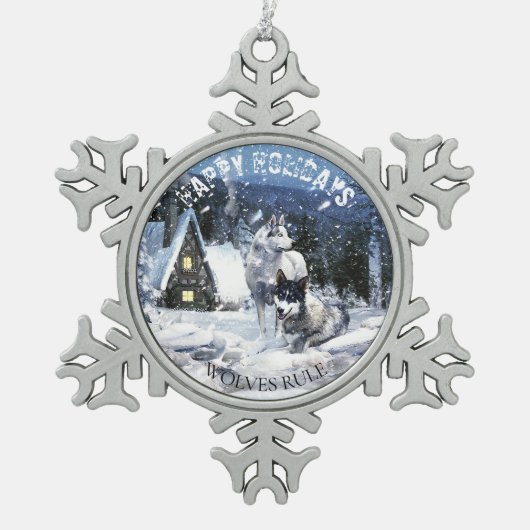 Wolven in Fairytale Snowy Winter Night Scene Tin Sneeuwvlok Ornament (Voorkant)