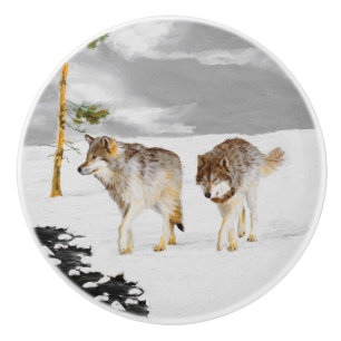 Wolven in sneeuw schilderen - Oorspronkelijke Wild Keramische Knop