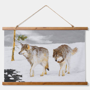 Wolven in Sneeuw Schilderij - Originele Wilde Natu Hangend Wandkleed