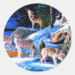 Wolven in sneeuwschilderij ronde sticker