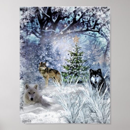 Wolven in Winter Kerstmis in het Bos Poster (Voorkant)