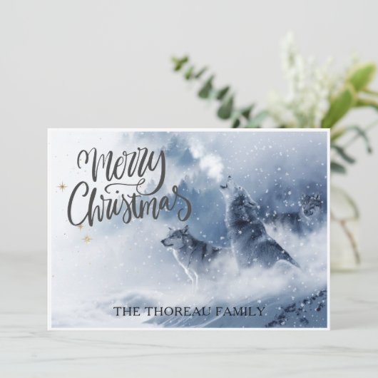 Wolven in wintersneeuwkerst feestdagenkaart (Staand voorkant)