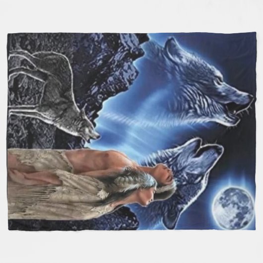 WOLVEN, MAAN & INDIANEN FLEECE DEKEN (Voorkant (Horizontaal))