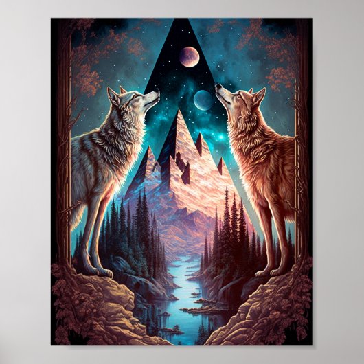Wolven Mountain Visionary Fantasy Art Poster (Voorkant)