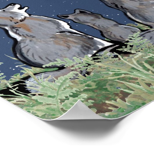 Wolven Wolf Howling in Moon, Nacht sterren Aangepa Poster (Hoek)