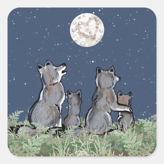 Wolven Wolf Howling in Moon, Nacht sterren Animal Vierkante Sticker (Voorkant)
