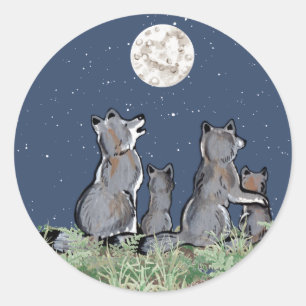 Wolven Wolf Pack Howling bij Moon, nachtsterren Ronde Sticker