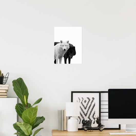 Wolven Zwart Wit  Houten Blokhut Landelijk Foto Po Poster (Thuiskantoor)