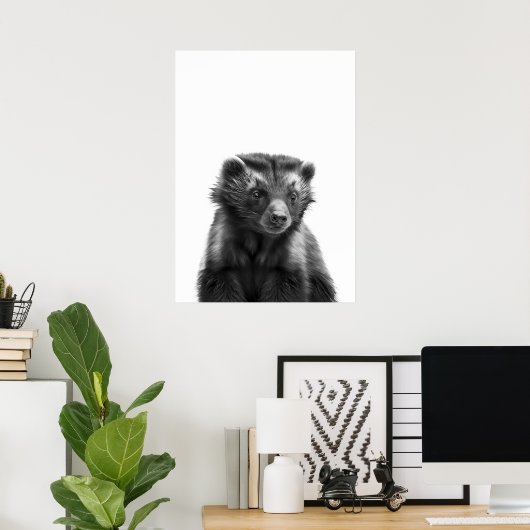 Wolverine Woodland Modern Portret zwart wit Poster (Thuiskantoor)