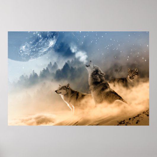 Wolves Moon Fog Nature Scenery Poster (Voorkant)