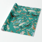 Wolves of the World Green Pattern Cadeaupapier (Uitgerold)