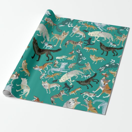 Wolves of the World Green Pattern Cadeaupapier (Uitgerold)