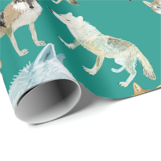 Wolves of the World Green Pattern Cadeaupapier (Rol Hoek)