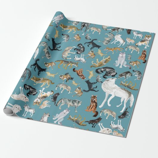 Wolves of the World Turquoise pattern Cadeaupapier (Uitgerold)