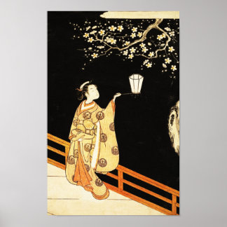  Woman Admiring Plum Blossoms at Night  Poster