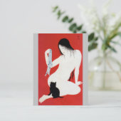 Woman and Black Kitten, Takahashi Shotei Briefkaart (Staand voorkant)