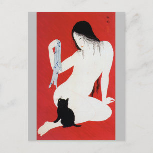 Woman and Black Kitten, Takahashi Shotei Briefkaart