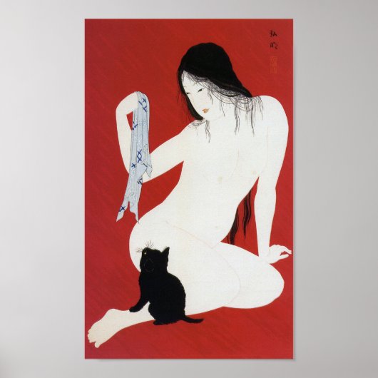 Woman and Black Kitten, Takahashi Shotei Poster (Voorkant)