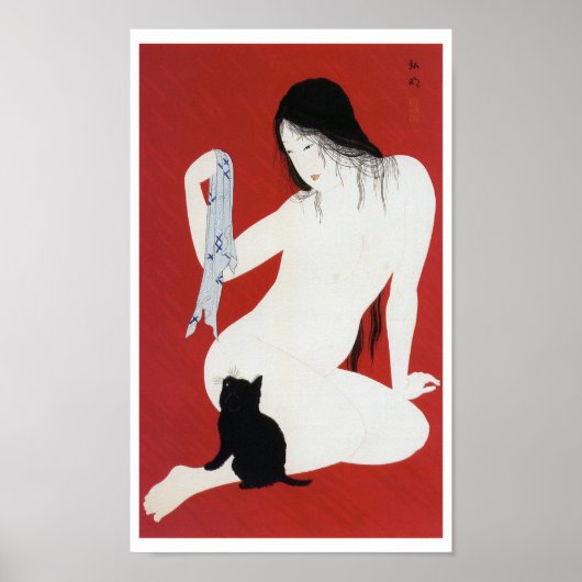 Woman and Black Kitten, Takahashi Shotei Poster (Voorkant)