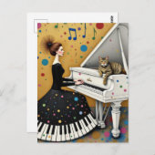 Woman and Cat at Piano Surreal Briefkaart (Voorkant / Achterkant)