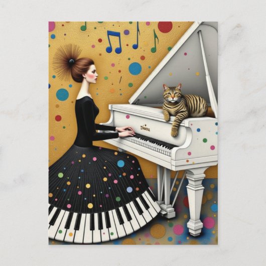 Woman and Cat at Piano Surreal Briefkaart (Voorkant)