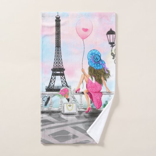  Woman and Pink Heart Ballon - I Love Paris Bad Handdoek (Handdoek)