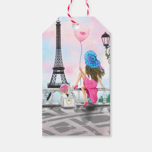  Woman and Pink Heart Ballon - I Love Paris Cadeaulabel (Voorkant)