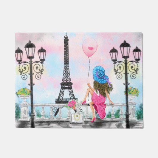  Woman and Pink Heart Ballon - I Love Paris Deurmat (Voorkant)
