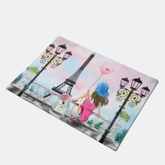  Woman and Pink Heart Ballon - I Love Paris Deurmat (Schuin)