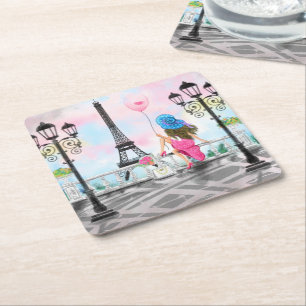  Woman and Pink Heart Ballon - I Love Paris Kartonnen Onderzetters