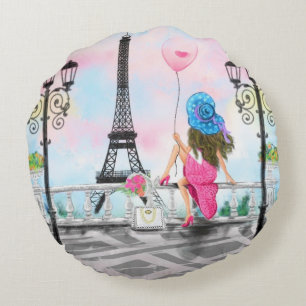  Woman and Pink Heart Ballon - I Love Paris Rond Kussen
