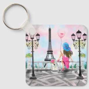  Woman and Pink Heart Ballon - I Love Paris Sleutelhanger