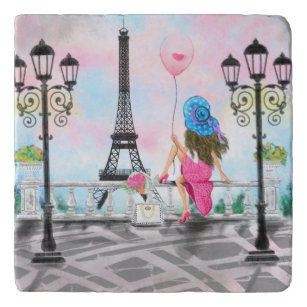  Woman and Pink Heart Ballon - I Love Paris Trivet