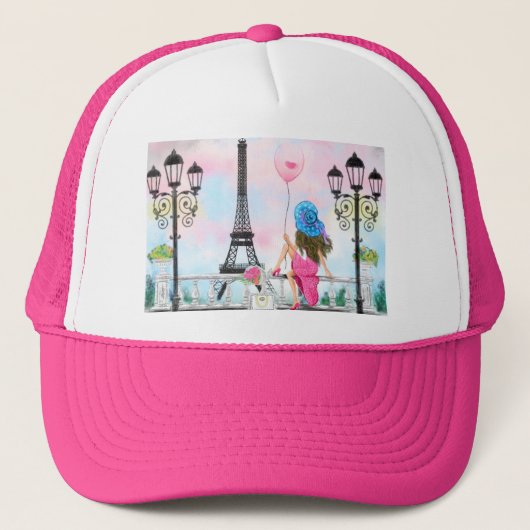  Woman and Pink Heart Ballon - I Love Paris Trucker Pet (Voorkant)