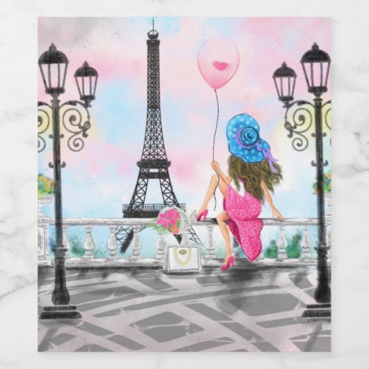  Woman and Pink Heart Ballon - I Love Paris Wijn Etiket (Enkel label)