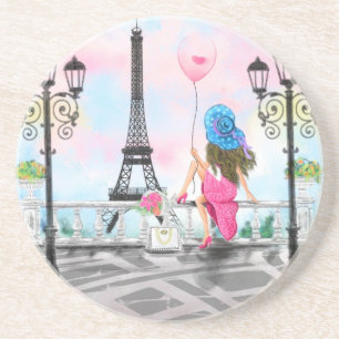  Woman and Pink Heart Ballon - I Love Paris Zandsteen Onderzetter