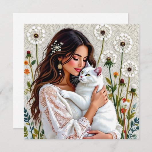 Woman and White Cat and Dandelions  Feestdagenkaart (Voorkant / Achterkant)