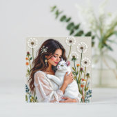 Woman and White Cat and Dandelions  Feestdagenkaart (Staand voorkant)