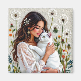 Woman and White Cat and Dandelions  Magneet