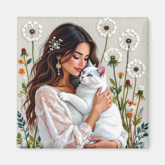 Woman and White Cat and Dandelions  Magneet (Voorkant)