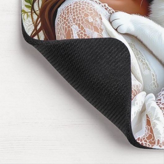 Woman and White Cat and Dandelions Muismat (Hoek)